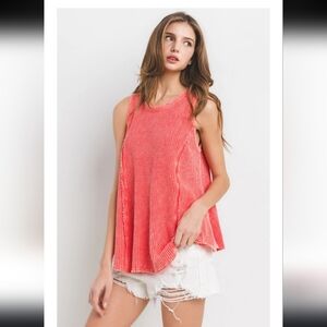 Ces Femme Pink Coral Asymmetrical Sleeveless Waffel Knit Mineral Wash Tank Top